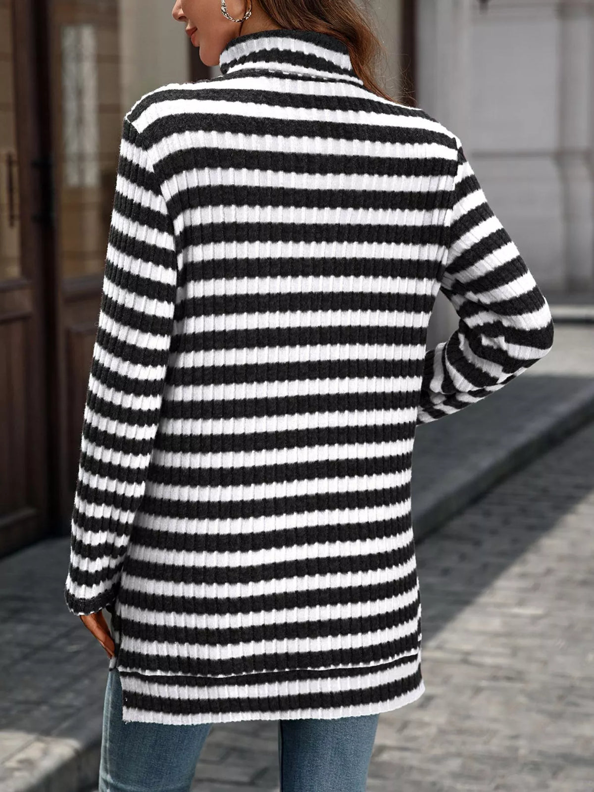 Striped Ribbed Knit Turtleneck Long Sleeve T-Shirt - Black - View 6