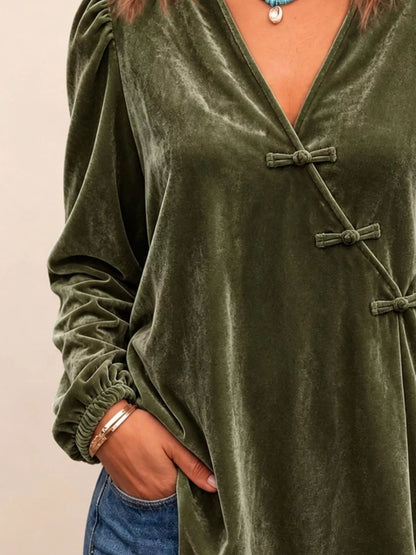 Chinese-Style Knot Buttons Velvet Blouse - Dark Green - View 3