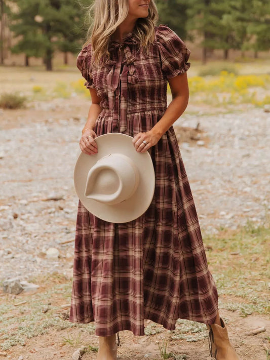 Plaid Knot Front Smocked High Waist Midi Dress - Rust - View 1