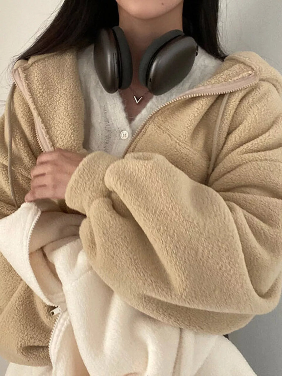 Oversized Sherpa Zip-Up Hoodie - Khaki - View 19