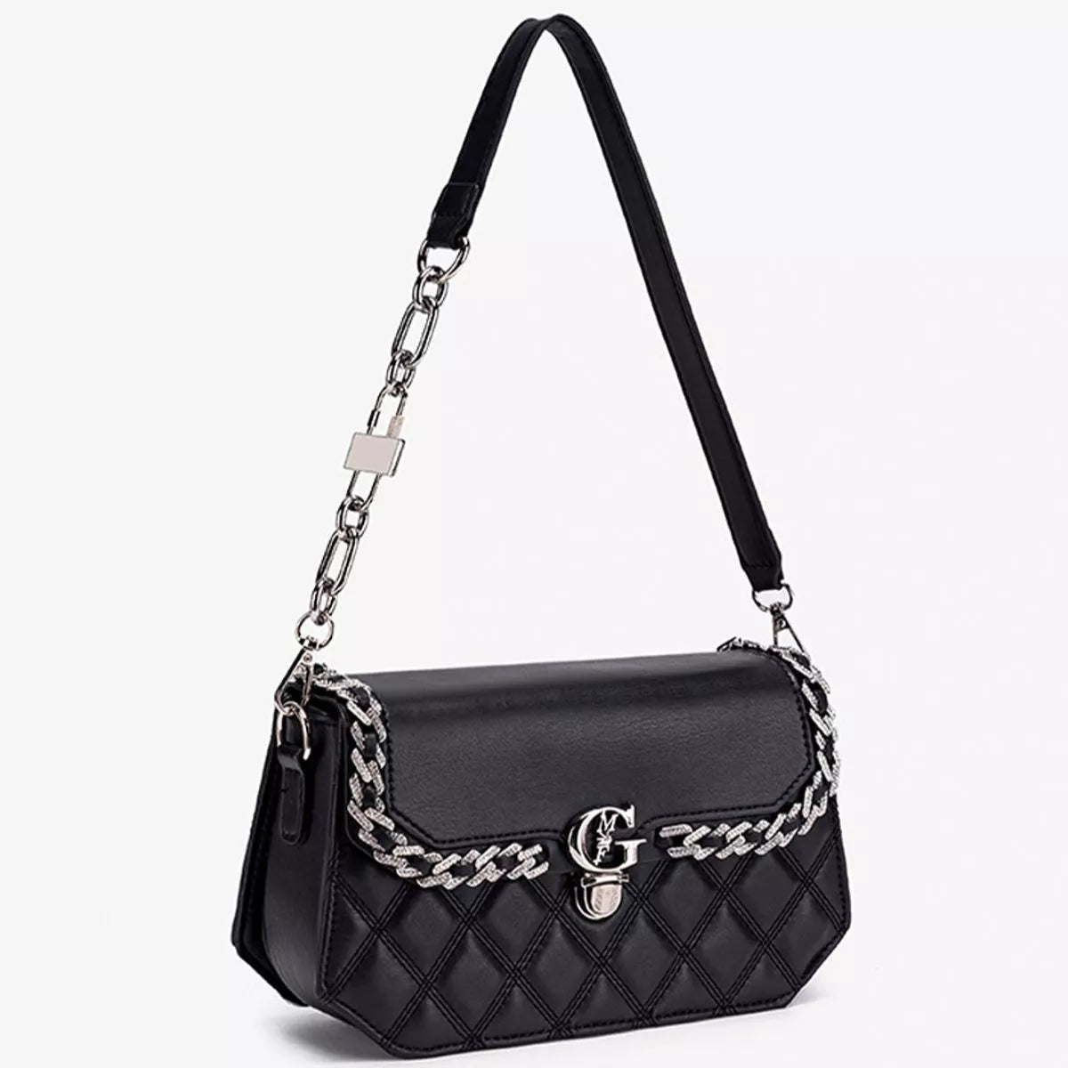 Quilted PU Leather Crossbody Bag with Rhinestone Decor - Black - View 3