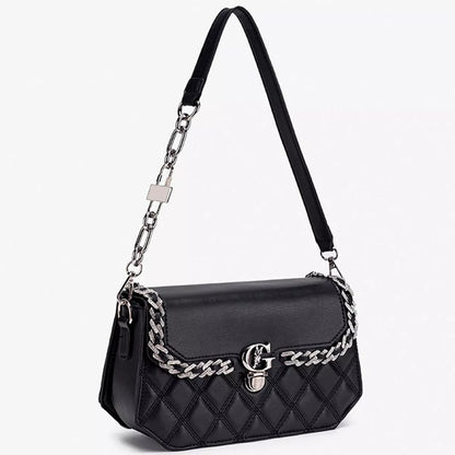 Quilted PU Leather Crossbody Bag with Rhinestone Decor - Black - View 3