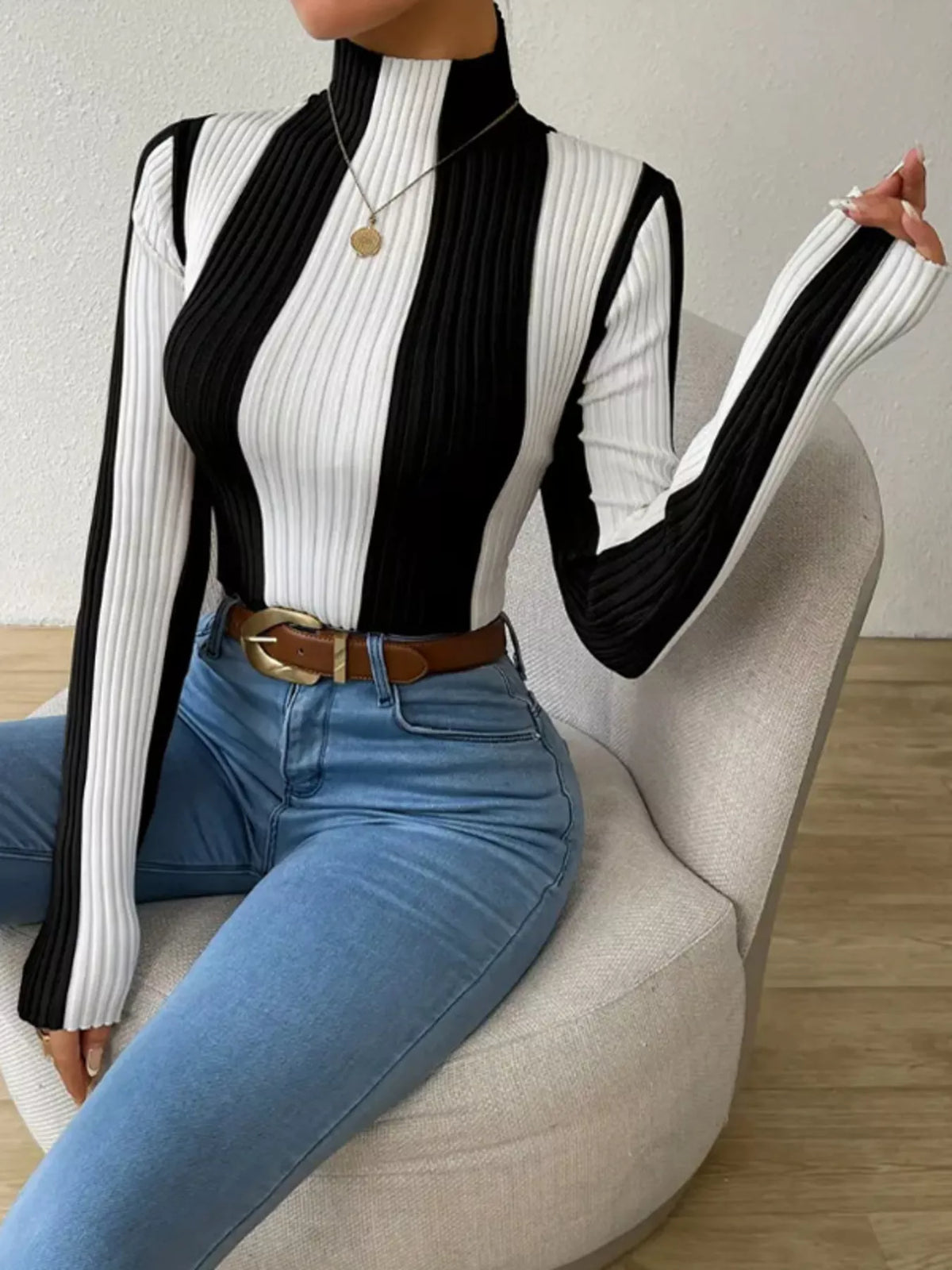 Color Block Turtleneck Ribbed Knit Top - All Colors - View 1