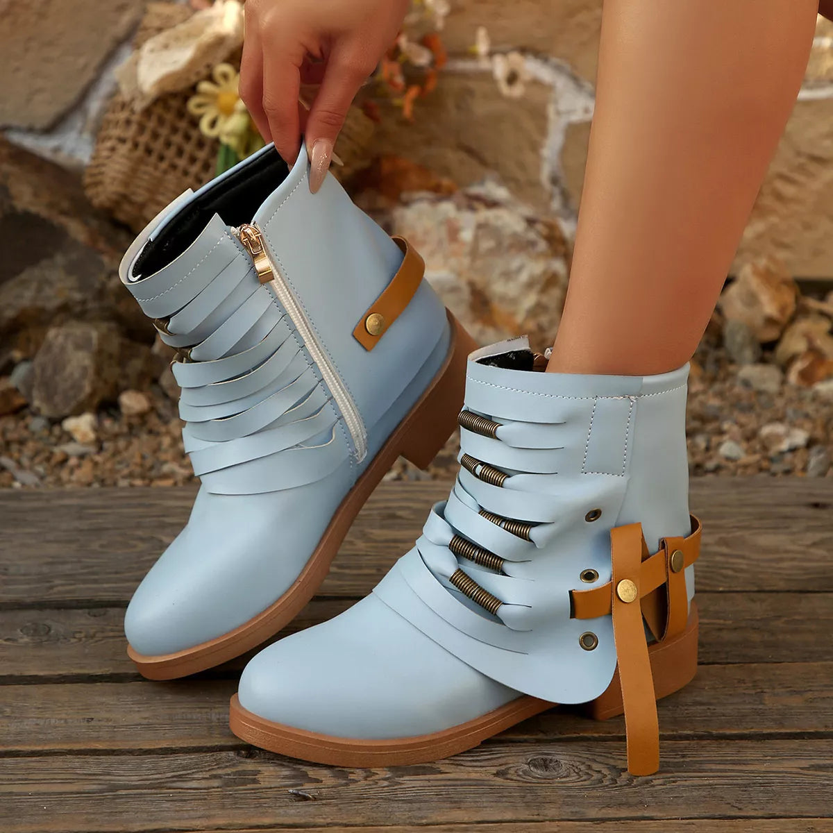 Strappy Buckle Ankle Boots - Blue - View 5