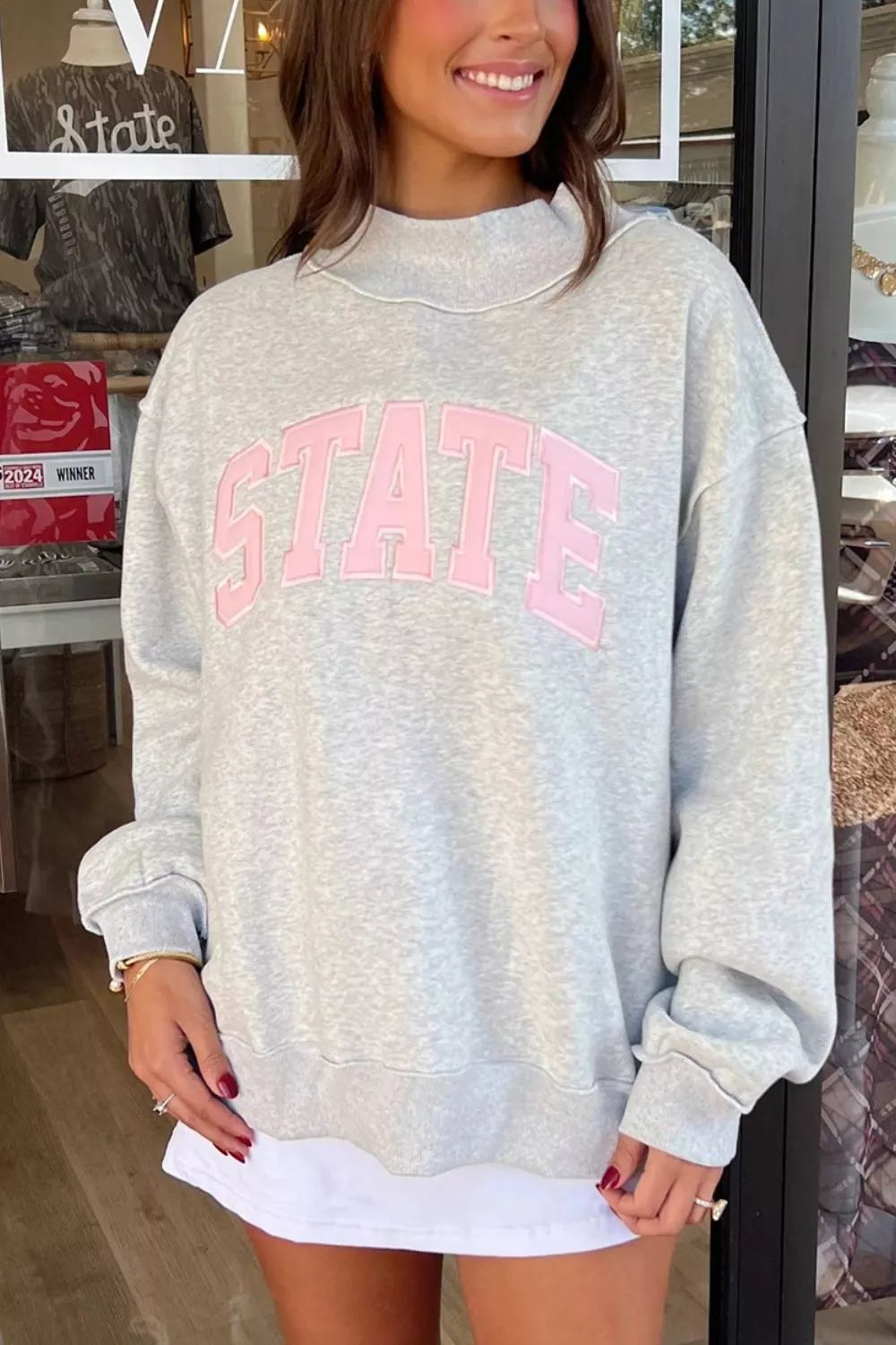 Exposed Seam Mock Neck STATE Letter Graphic Loose Sweatshirt - Gray - View 1