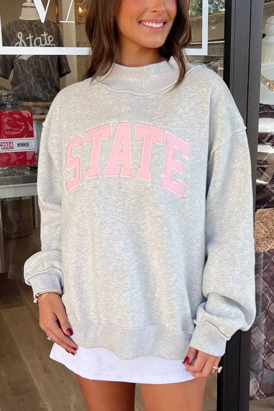 Exposed Seam Mock Neck STATE Letter Graphic Loose Sweatshirt - Gray - View 1