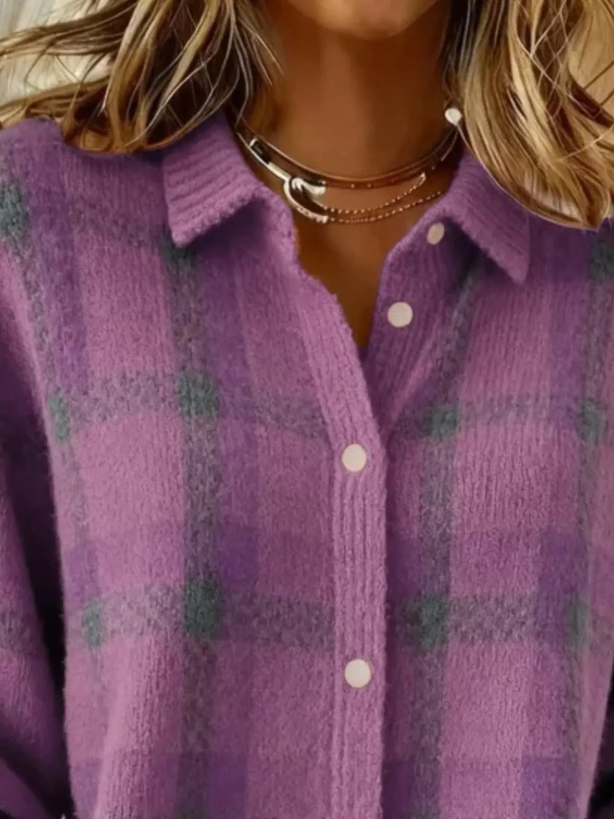 Full Size Plaid Button-Down Knit Cardigan Plus Size - Light Purple - View 17