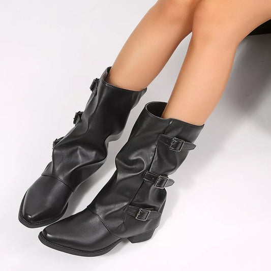 Point Toe Block Heels Boots - Black - View 2