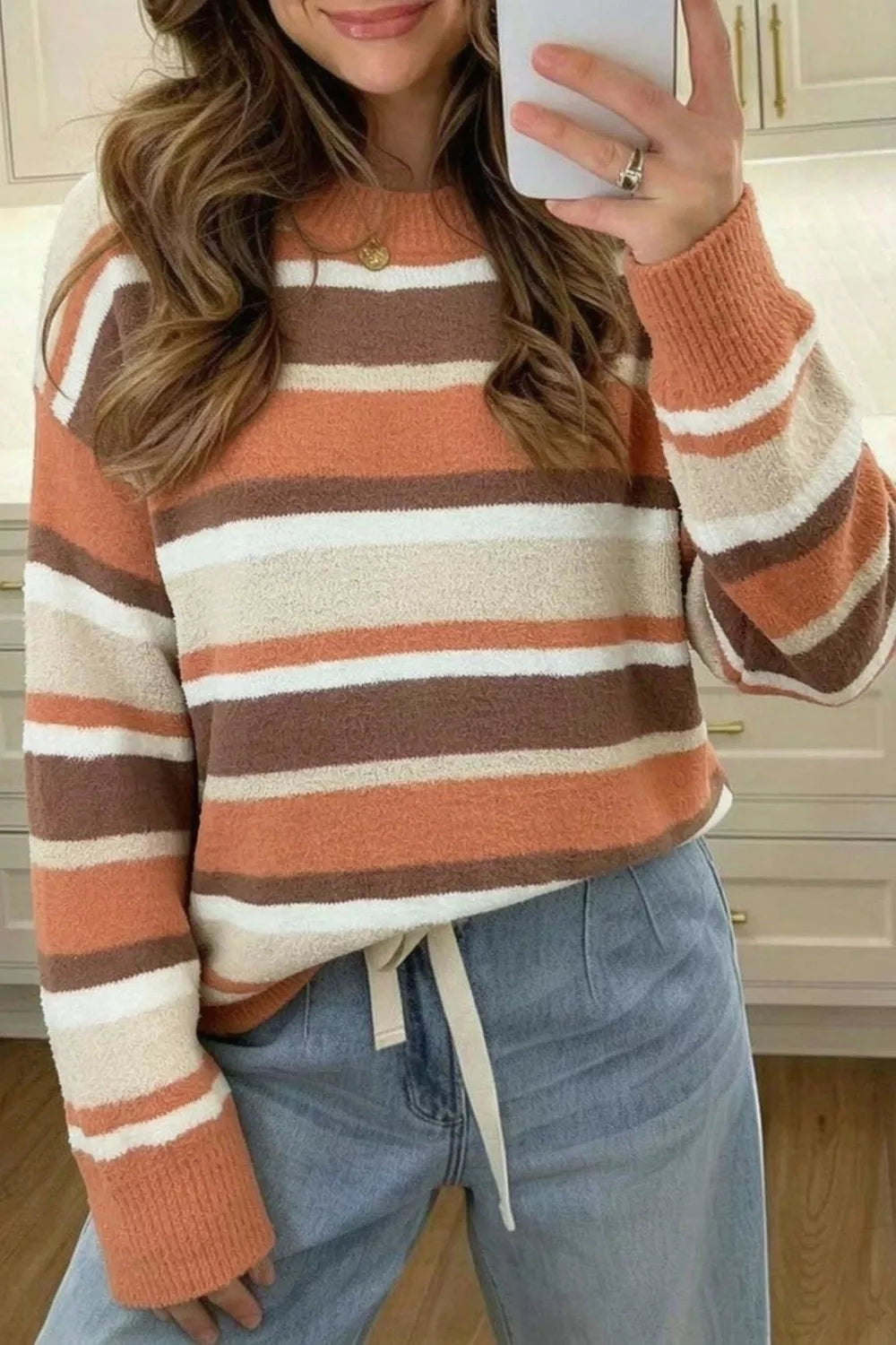 Striped Dropped Shoulder Sweater - Tangerine - View 1