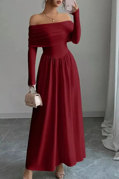 Off-Shoulder Ruched Maxi Dress - Deep Red - View 5