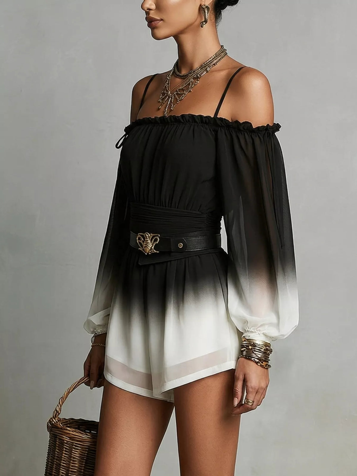 Gradient Spaghetti Strap Romper - Black - View 3