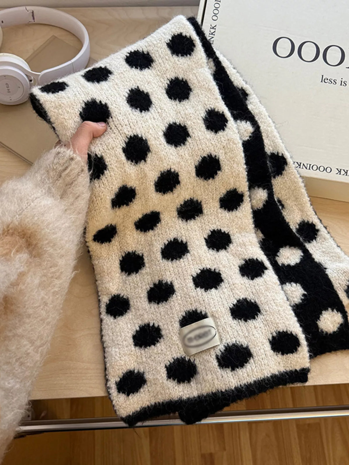 Polka Dot Knitted Scarf - Black - View 2