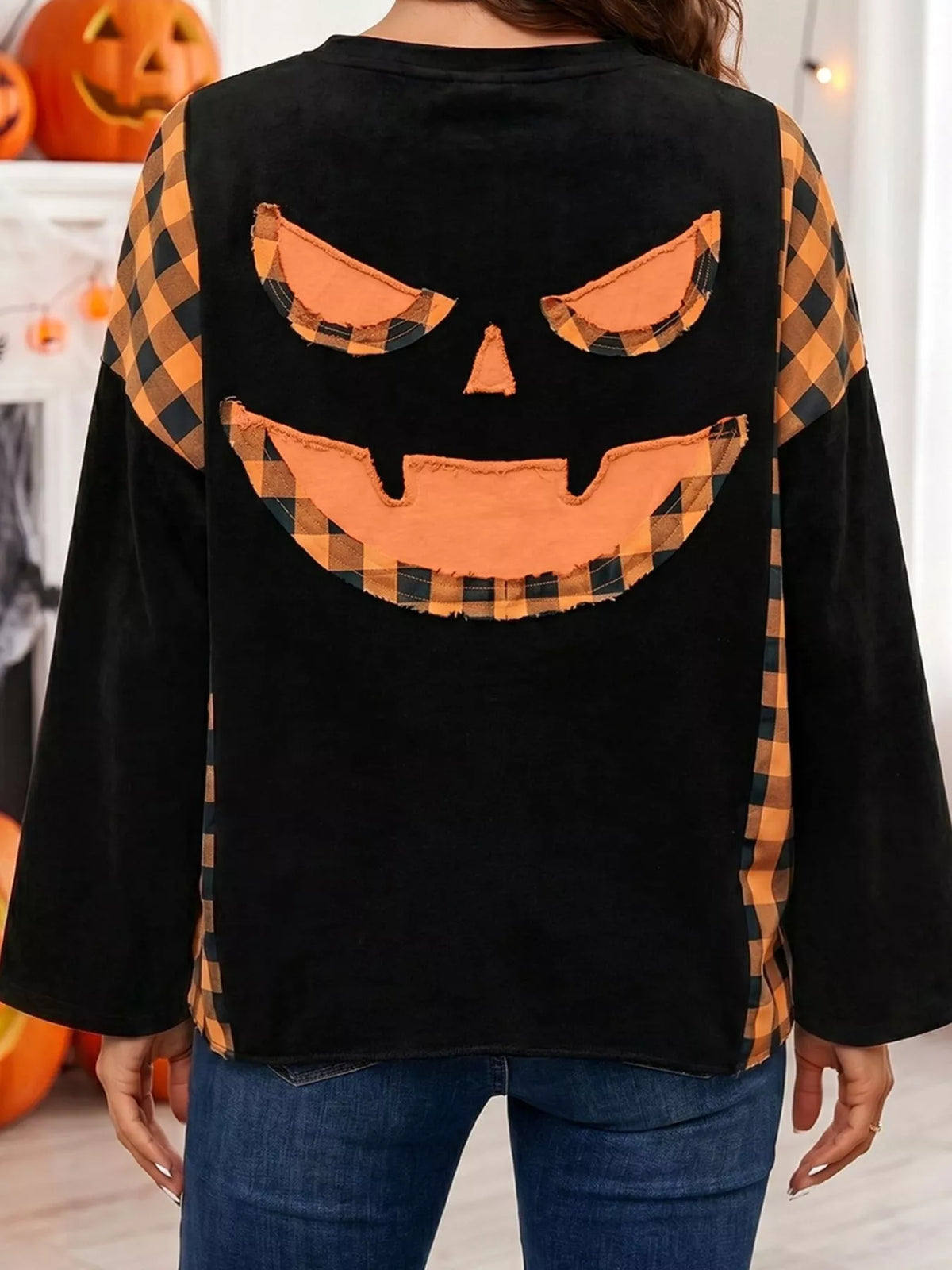 Patchwork Plaid Pumpkin Face Long Sleeve Top - Black - View 3