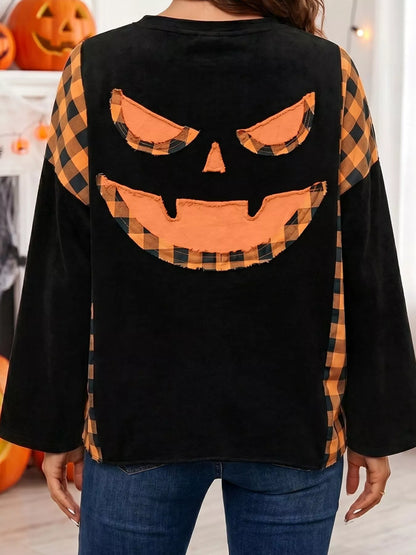 Patchwork Plaid Pumpkin Face Long Sleeve Top - Black - View 3
