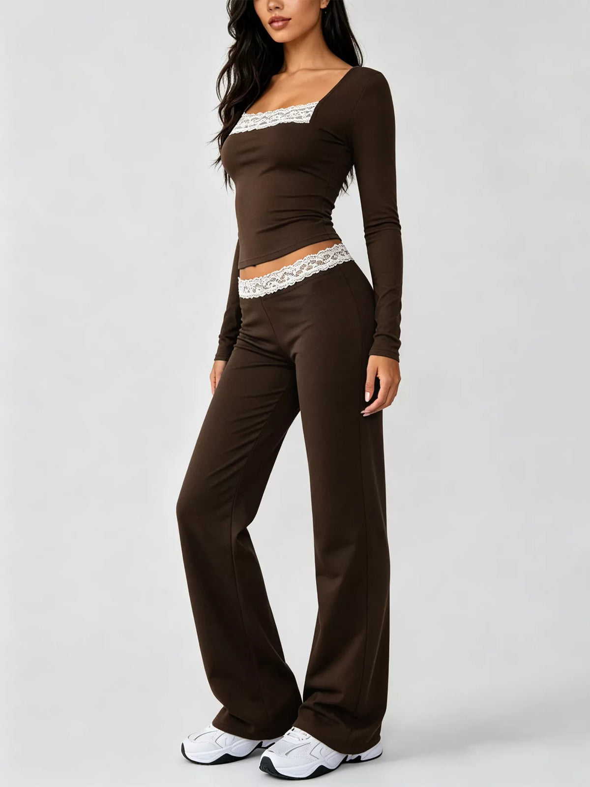 Long Sleeve Lace Trim Crop Top and Wide Leg Pants Set - Brown - View 4