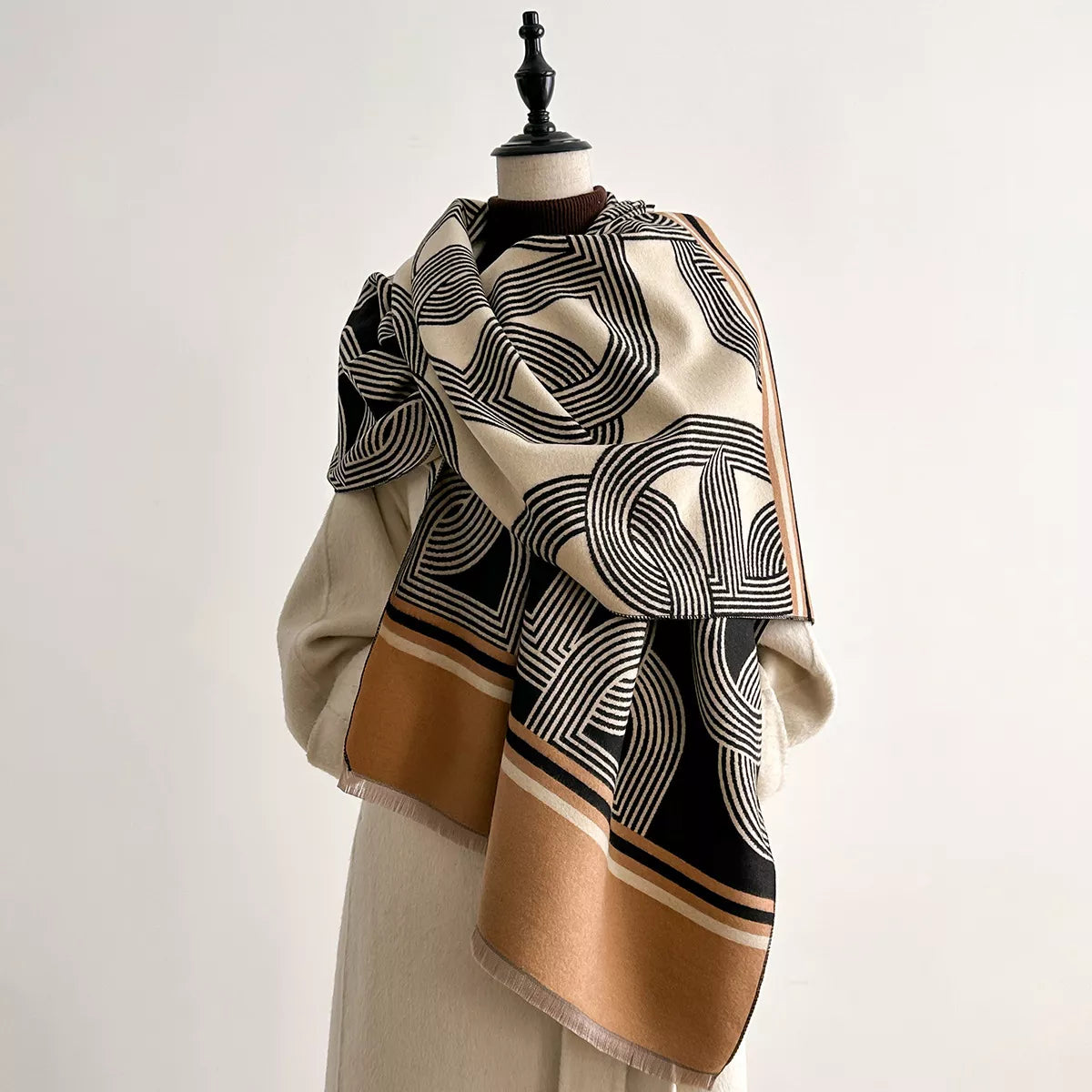 Geometric Pattern Raw Hem Scarf - Black - View 1