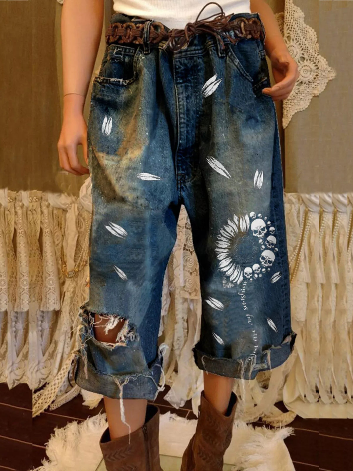 Full Size Distressed Skull Print Jeans Plus Size - Dark Blue - View 1