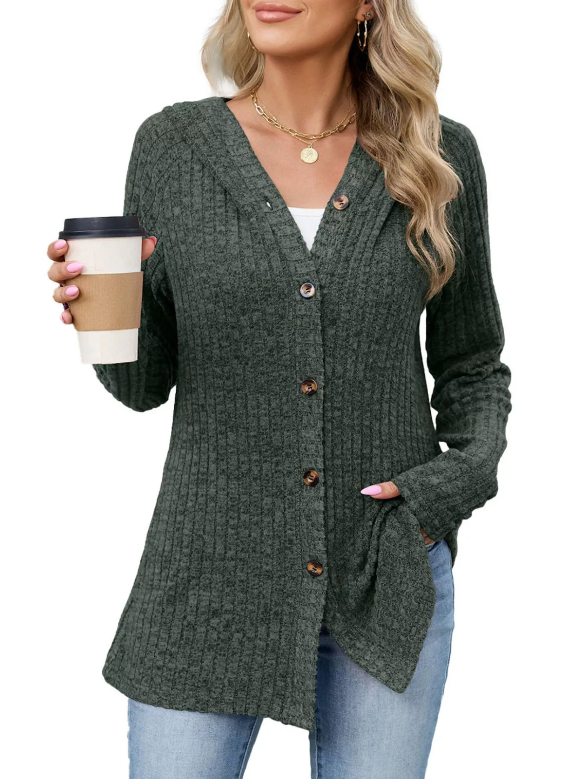 Ribbed Knit Hooded Button-Down Cardigan - Army Green - View 2
