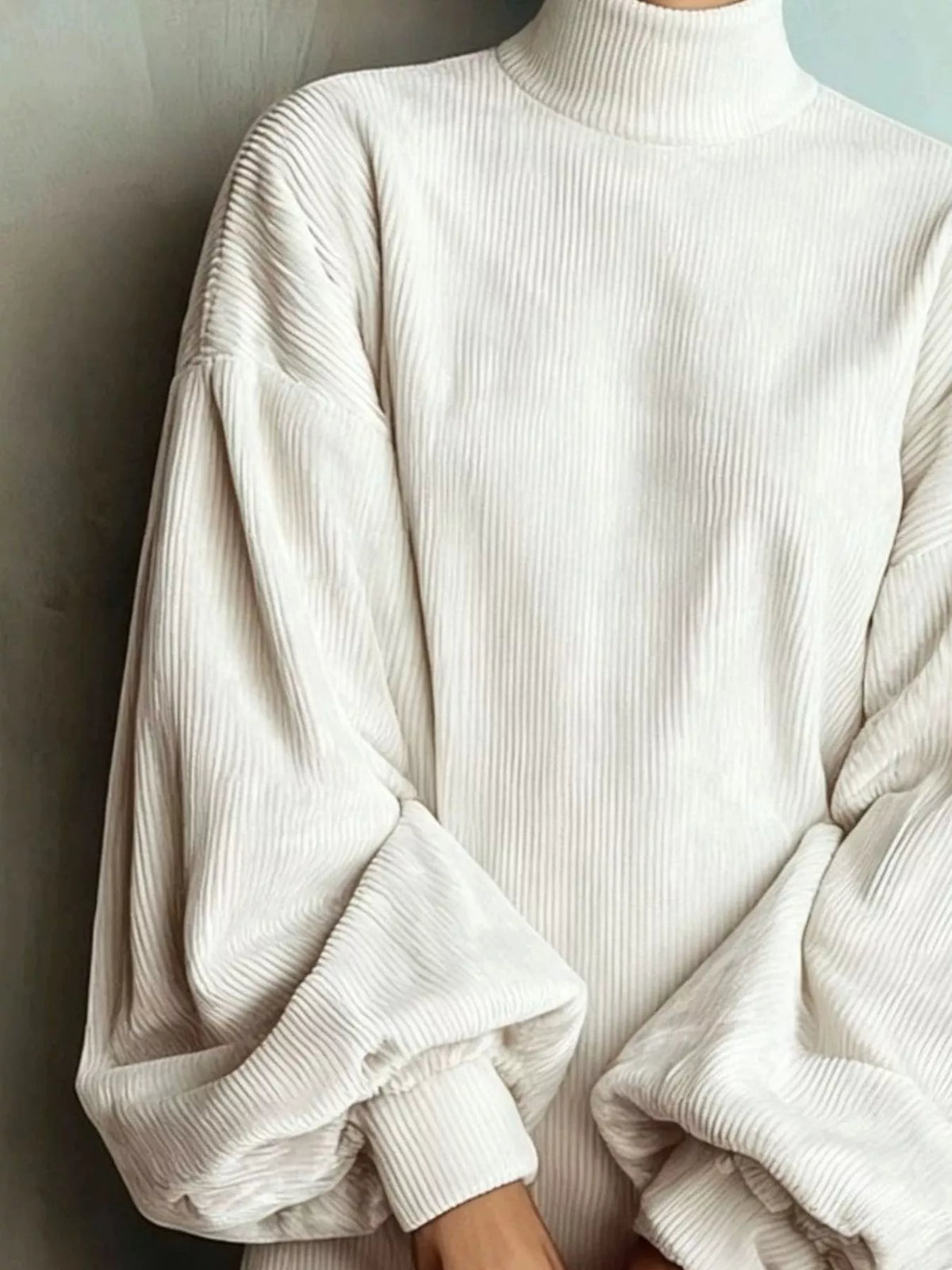 Full Size Ribbed Mock Neck Lantern Sleeve Mini Dress Plus Size - White - View 2
