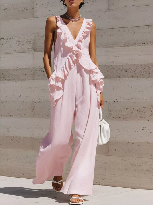 Ruffled V-Neck Sleeveless Jumpsuit - Pink - View 1