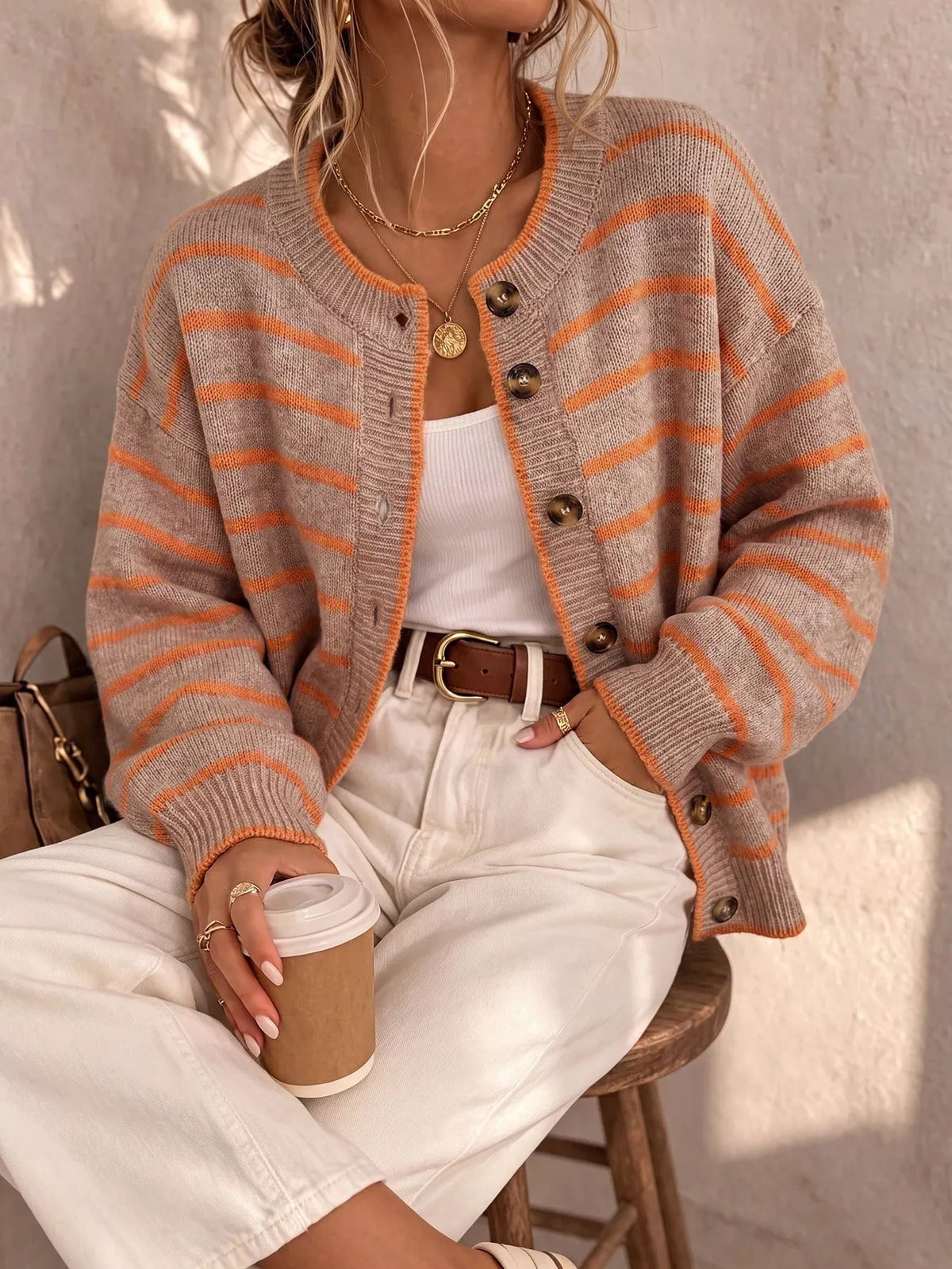 Striped Button-Down Knit Cardigan - Caramel - View 7