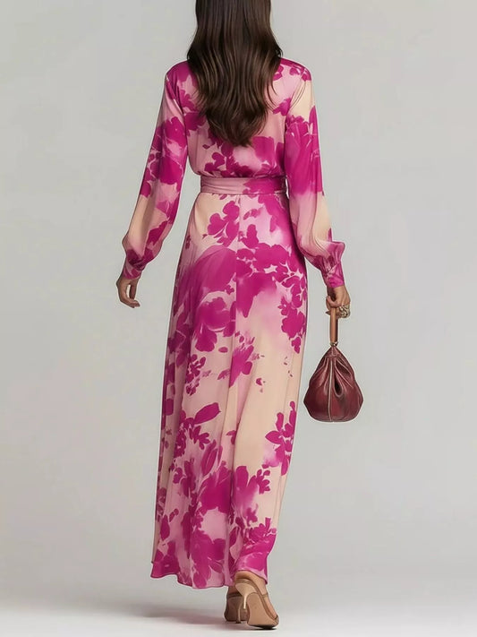Floral Print Maxi Dress with Waist-Tie Detail - Hot Pink - View 2