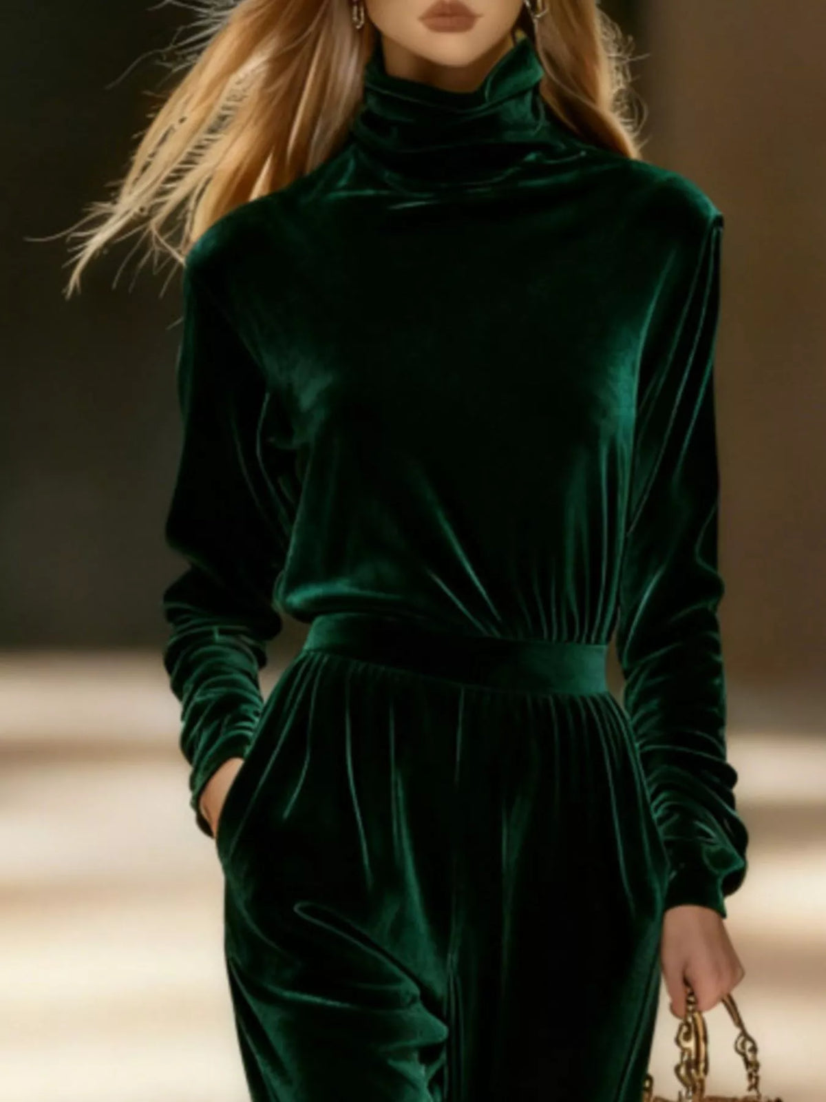 Full Size Velvet Turtleneck Long Sleeve Top and Wide-Leg Pants Set Plus Size - Dark Green - View 2
