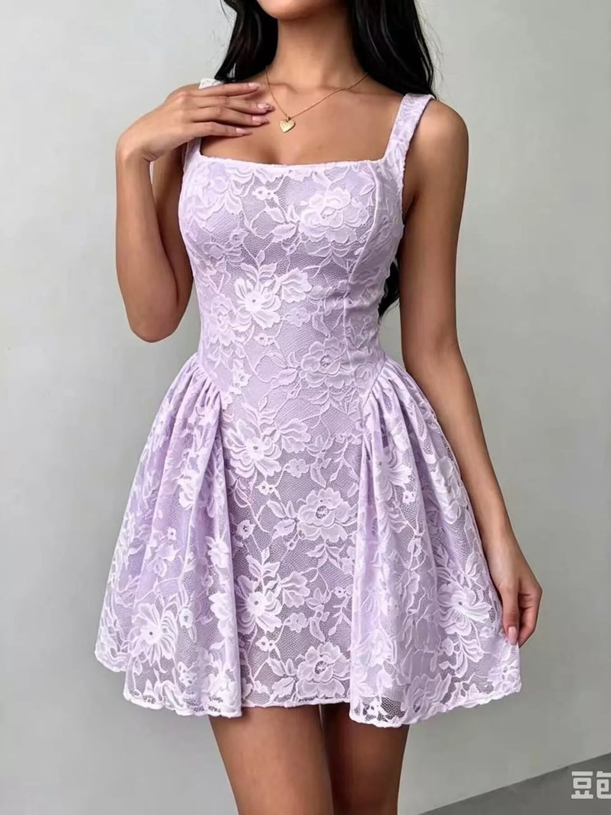 Floral Lace Square Neck Mini Dress - Purple - View 1