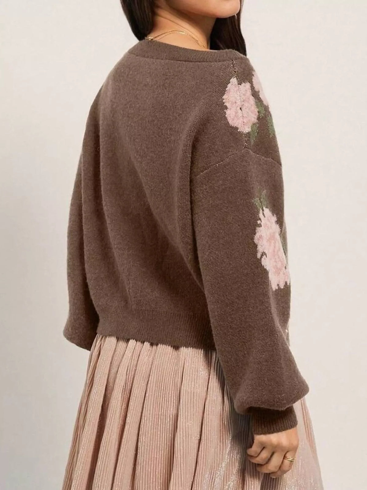 Floral Pattern Dropped Shoulder Sweater - Coffee Brown - View 9