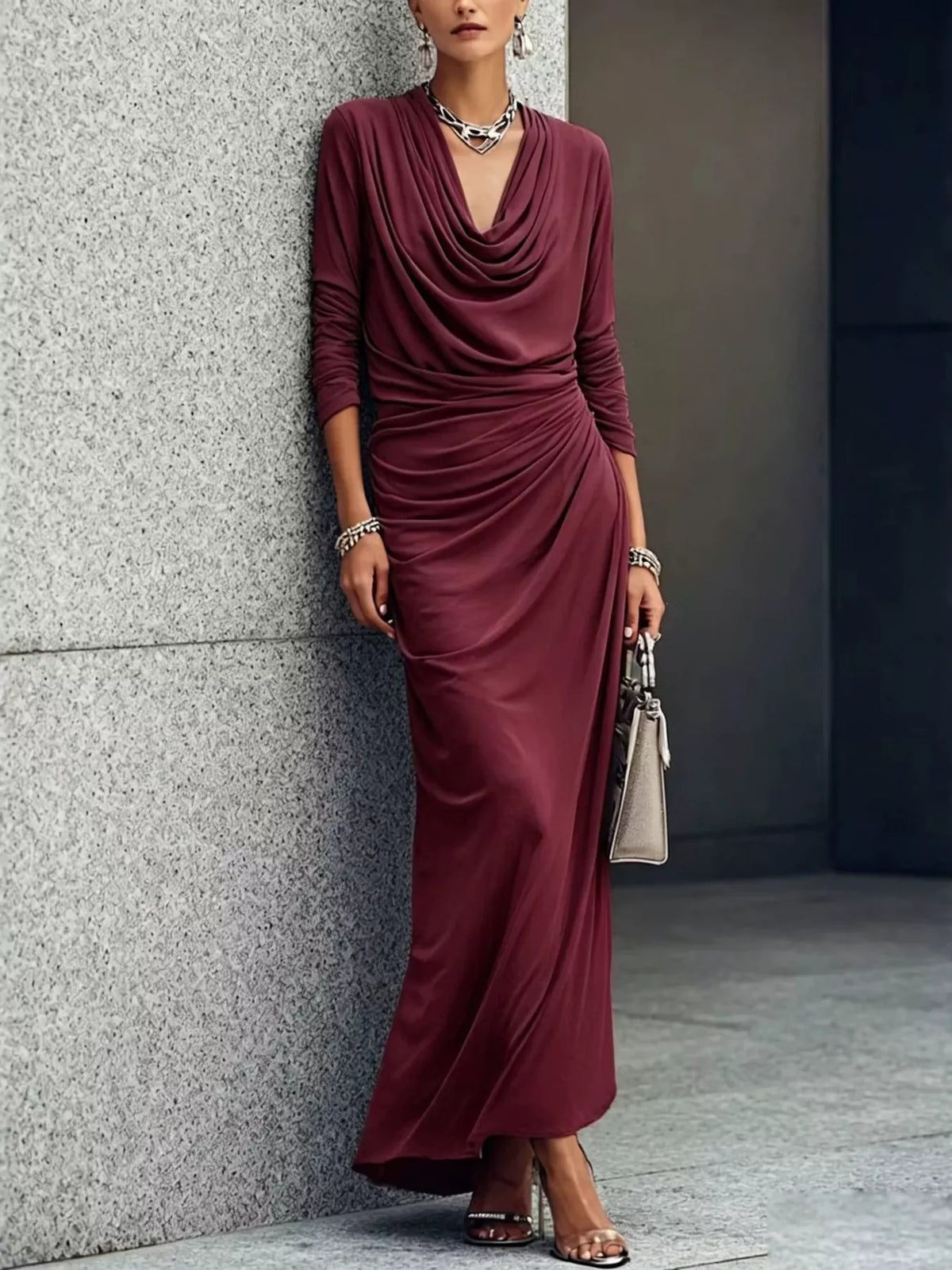 Cowl Neck Long Sleeve Maxi Dress - Wine Red - View 1
