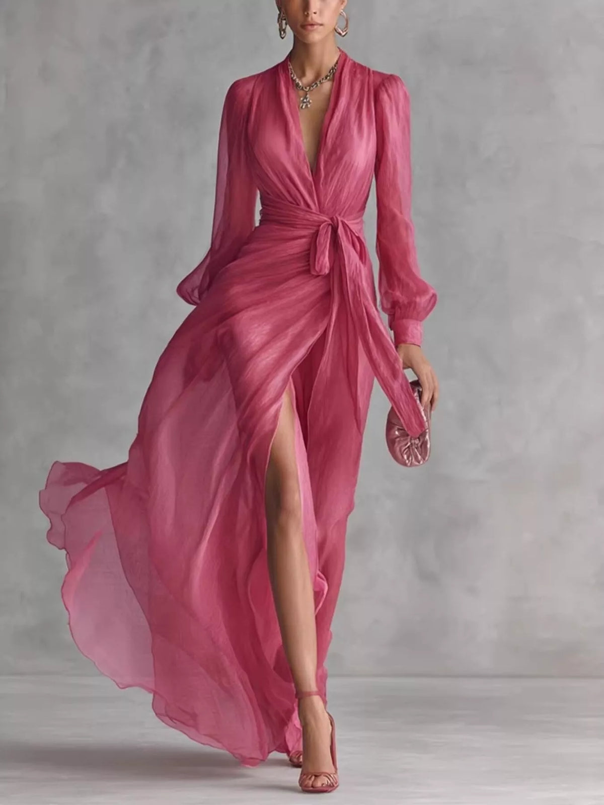 Long Sleeve Chiffon Wrap Maxi Dress with High Slit - Strawberry - View 1