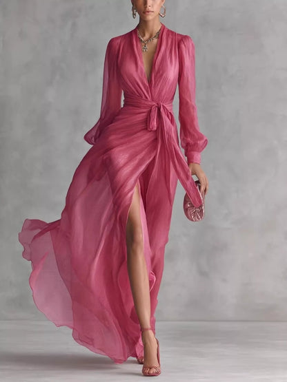 Long Sleeve Chiffon Wrap Maxi Dress with High Slit - Strawberry - View 1