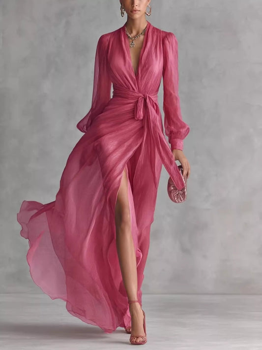 Long Sleeve Chiffon Wrap Maxi Dress with High Slit - Strawberry - View 1