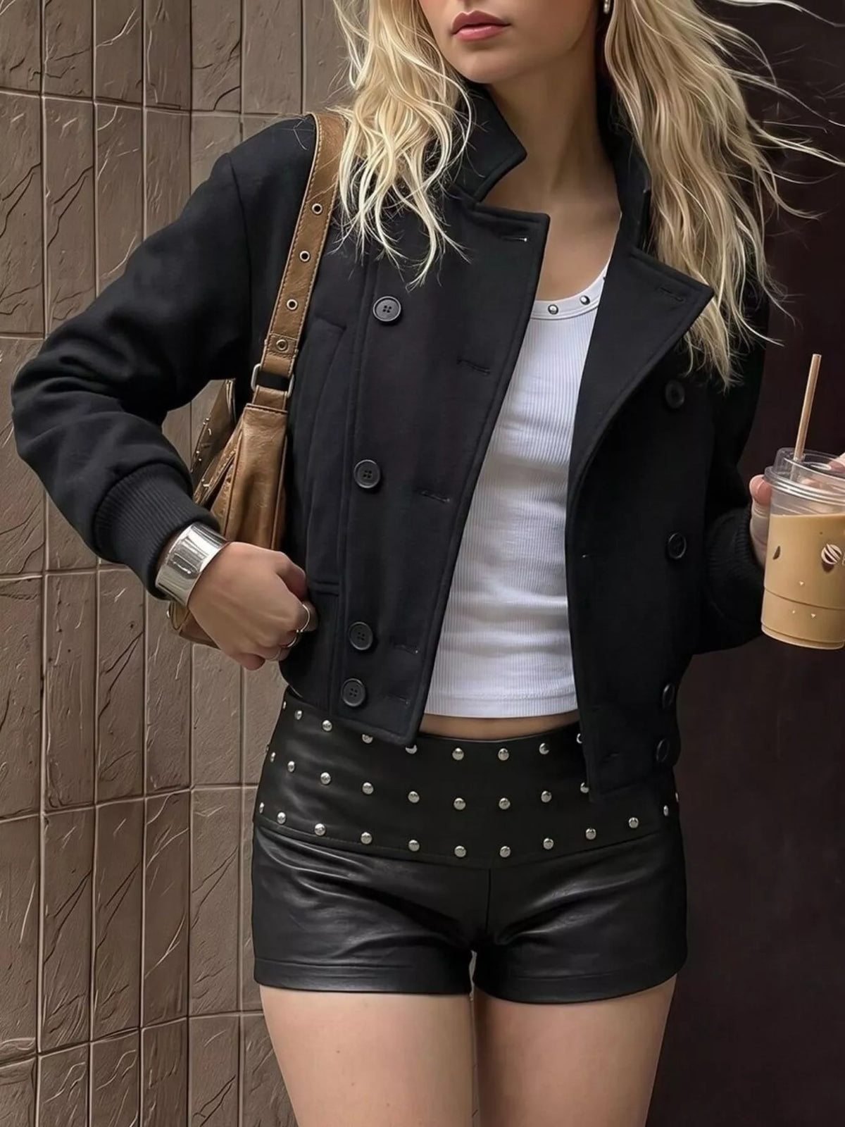 Double-Breasted Cropped Outerwear - Black - View 1