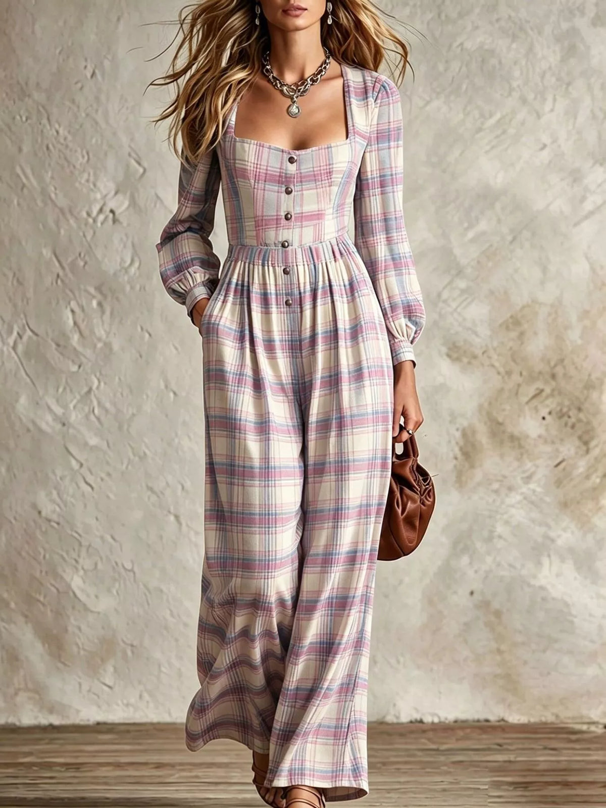 Plaid Square Neck Long Sleeve Wide Leg Jumpsuit - Lilac - View 1