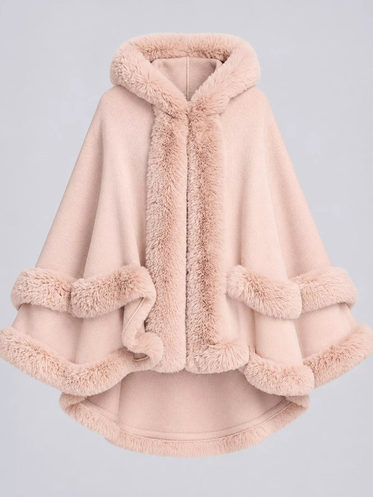 Faux Fur Trimmed Hooded Cape - Pink - View 4