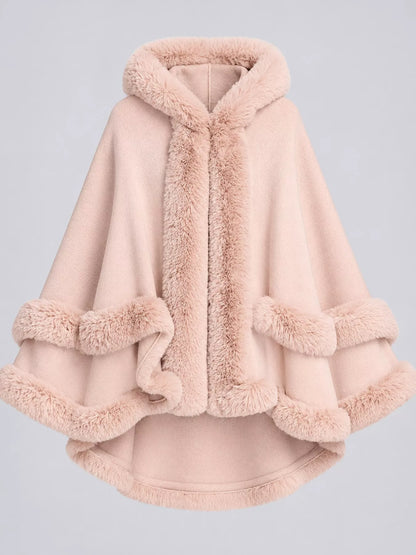 Faux Fur Trimmed Hooded Cape - Pink - View 4