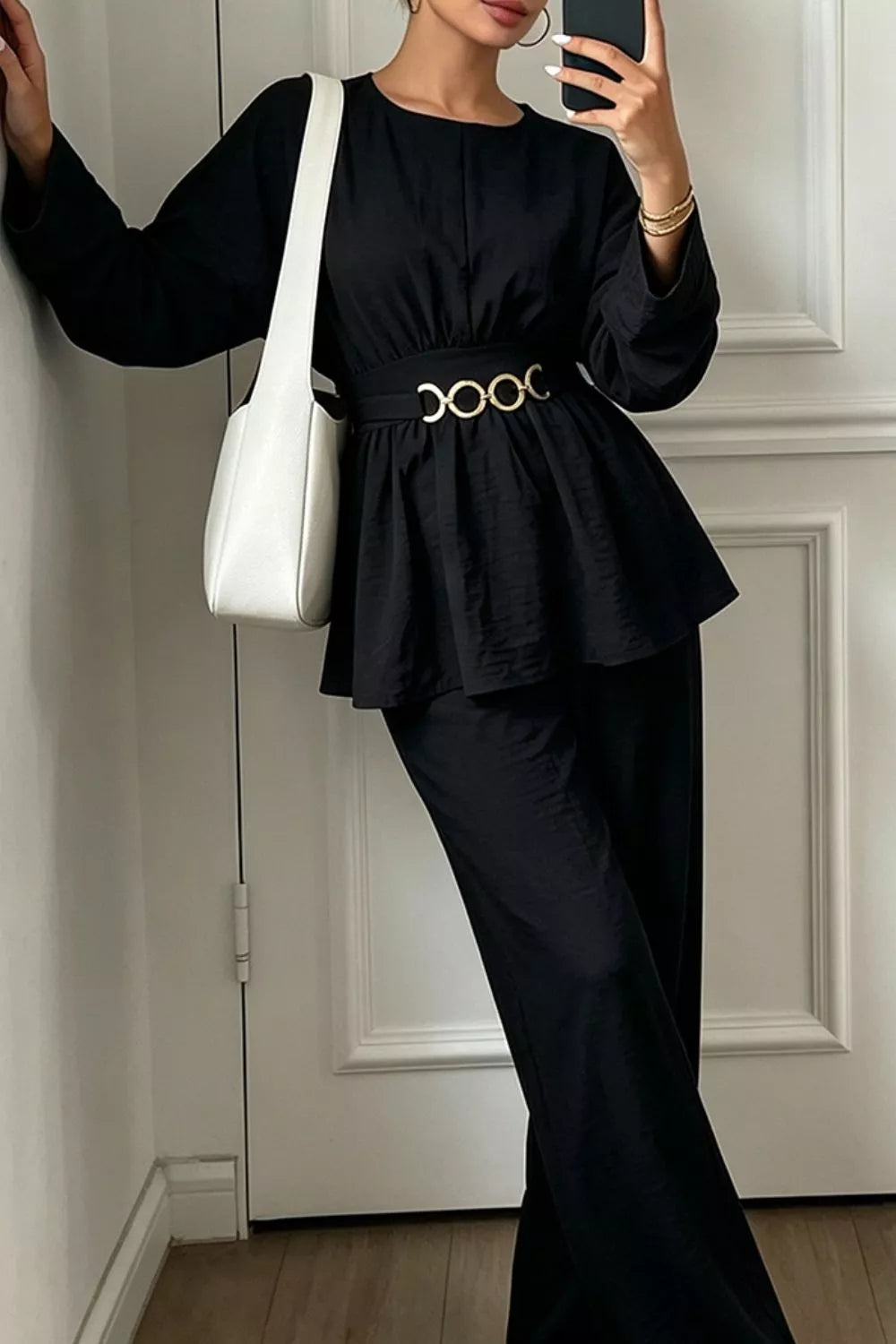Metal Chain Waist Detail Top and Pants Set - Black - View 3