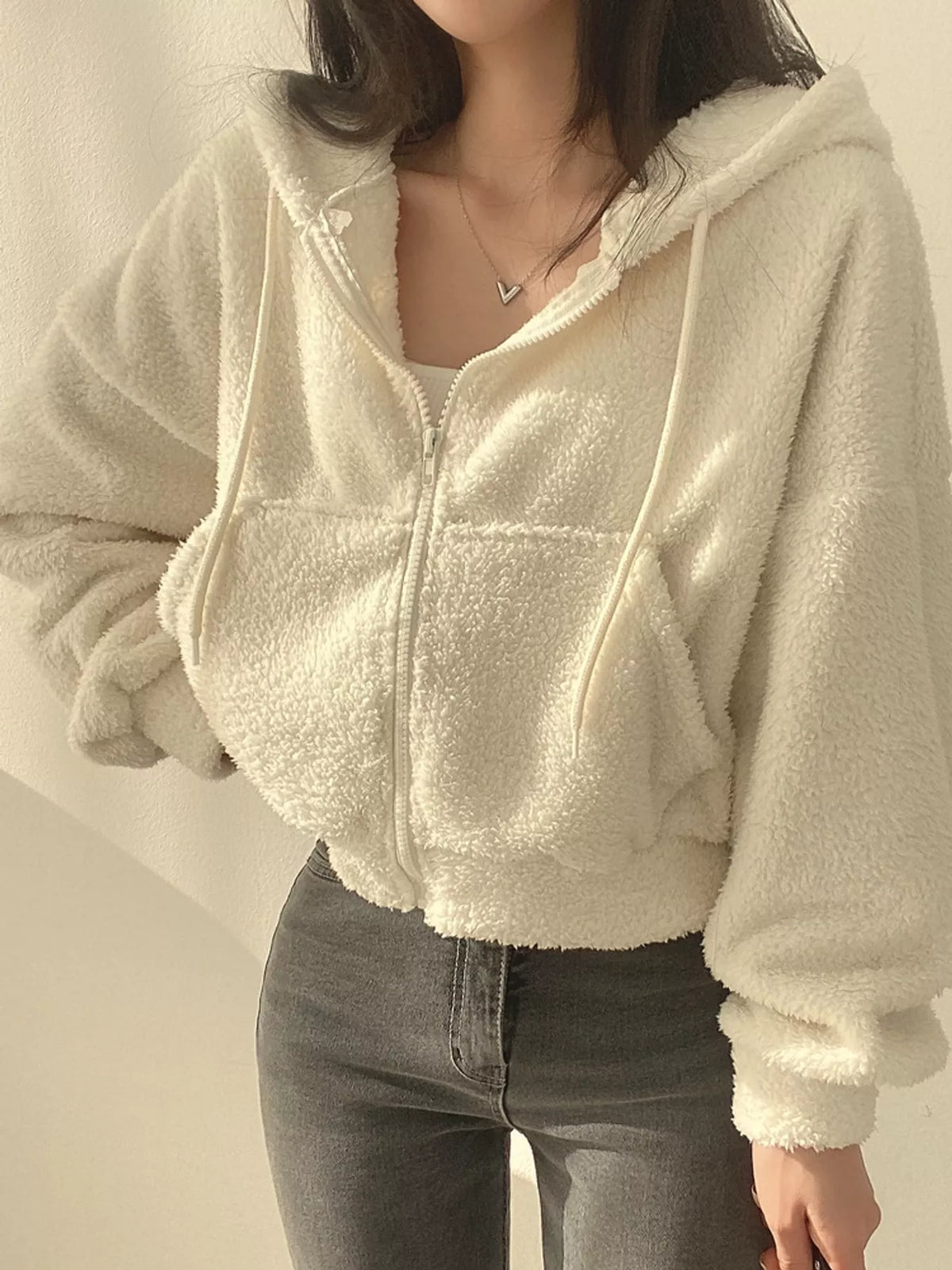 Oversized Sherpa Zip-Up Hoodie - Apricot - View 1