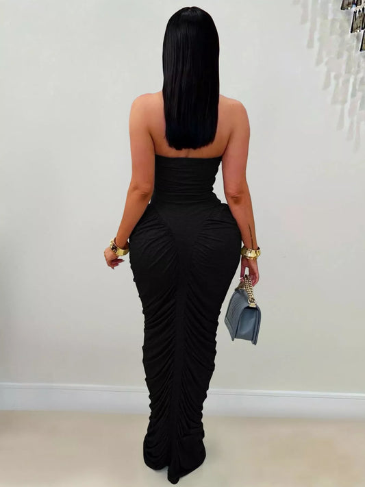Strapless Ruched Bodycon Maxi Dress - Black - View 2