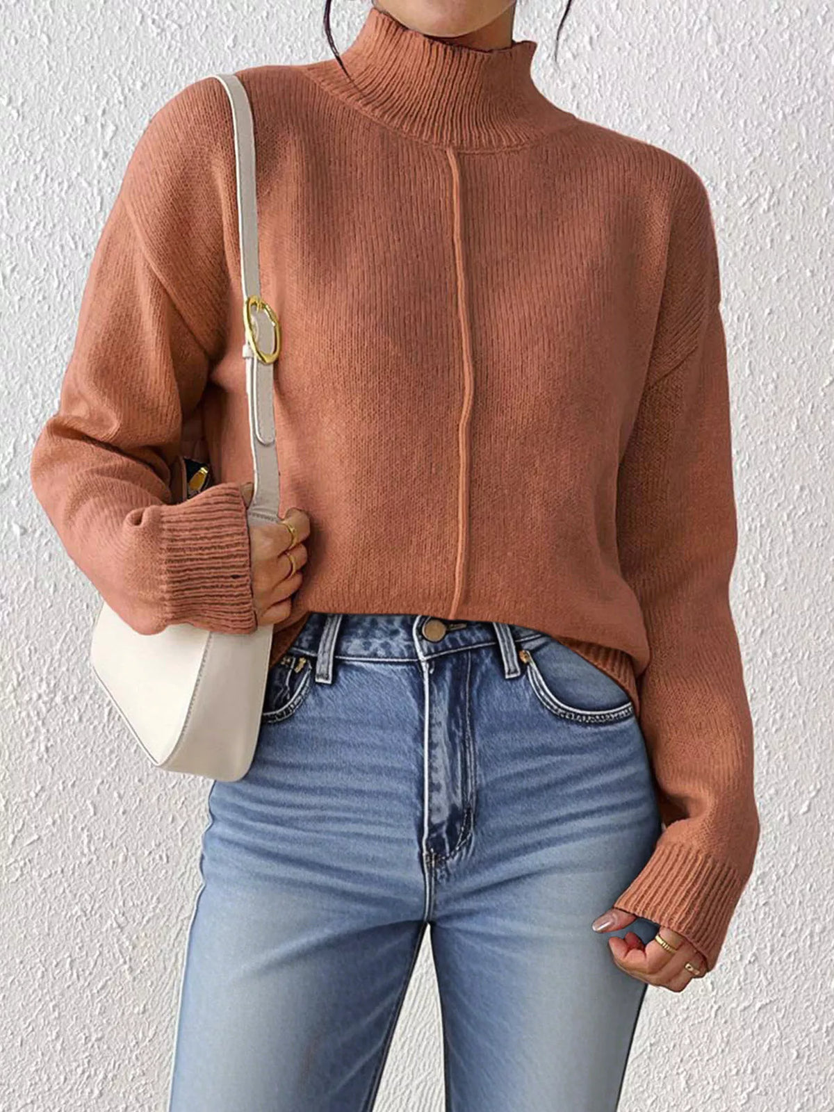 Center Seam Detail Turtleneck Sweater - Caramel - View 2