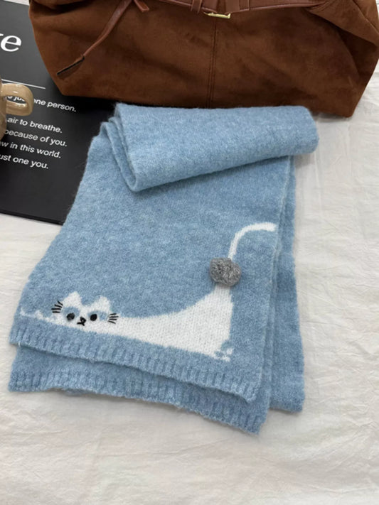 Cute Cat Knitted Scarf - Blue - View 2