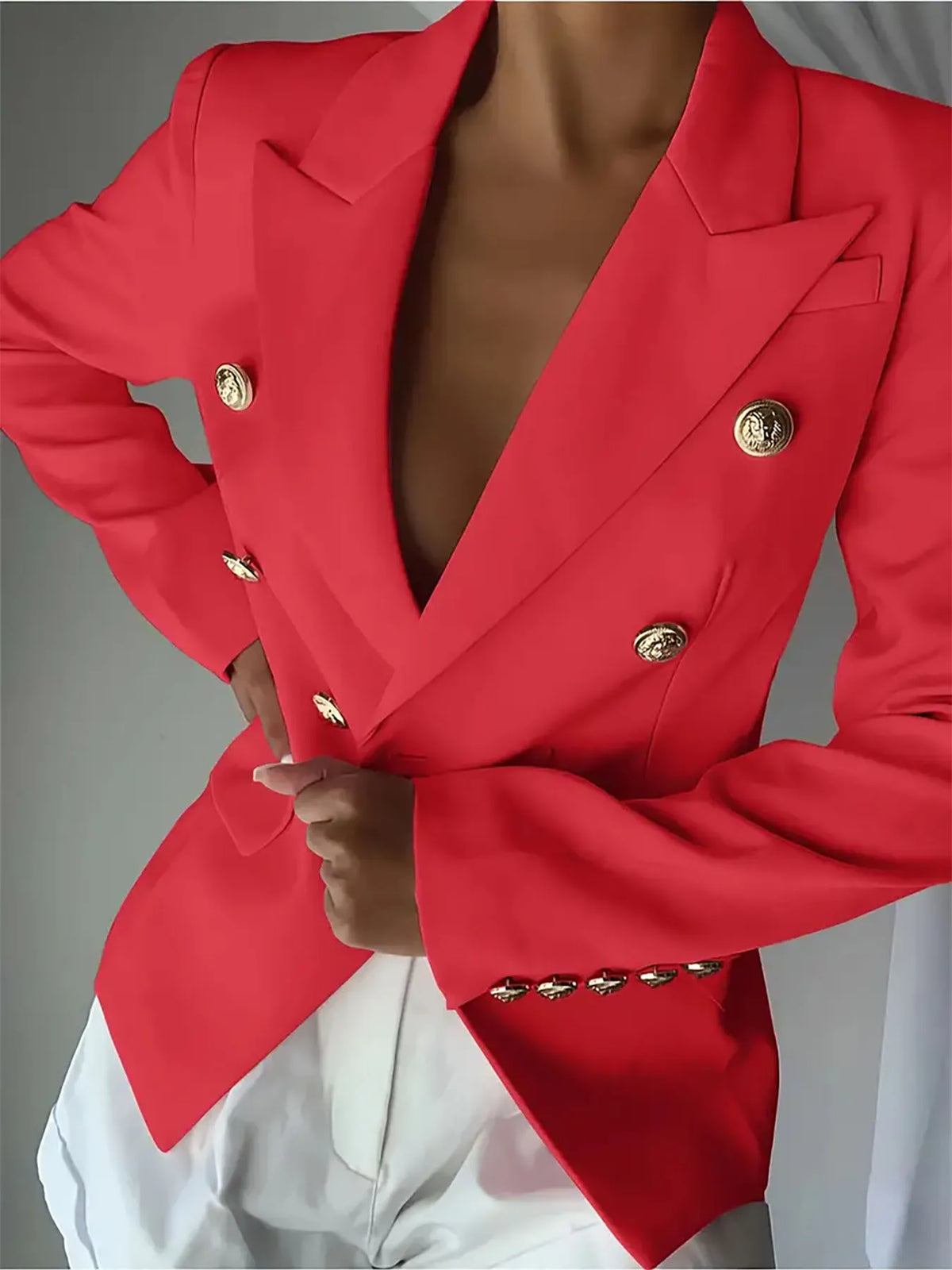 Decor Button Lapel Collar Blazer - Red - View 17