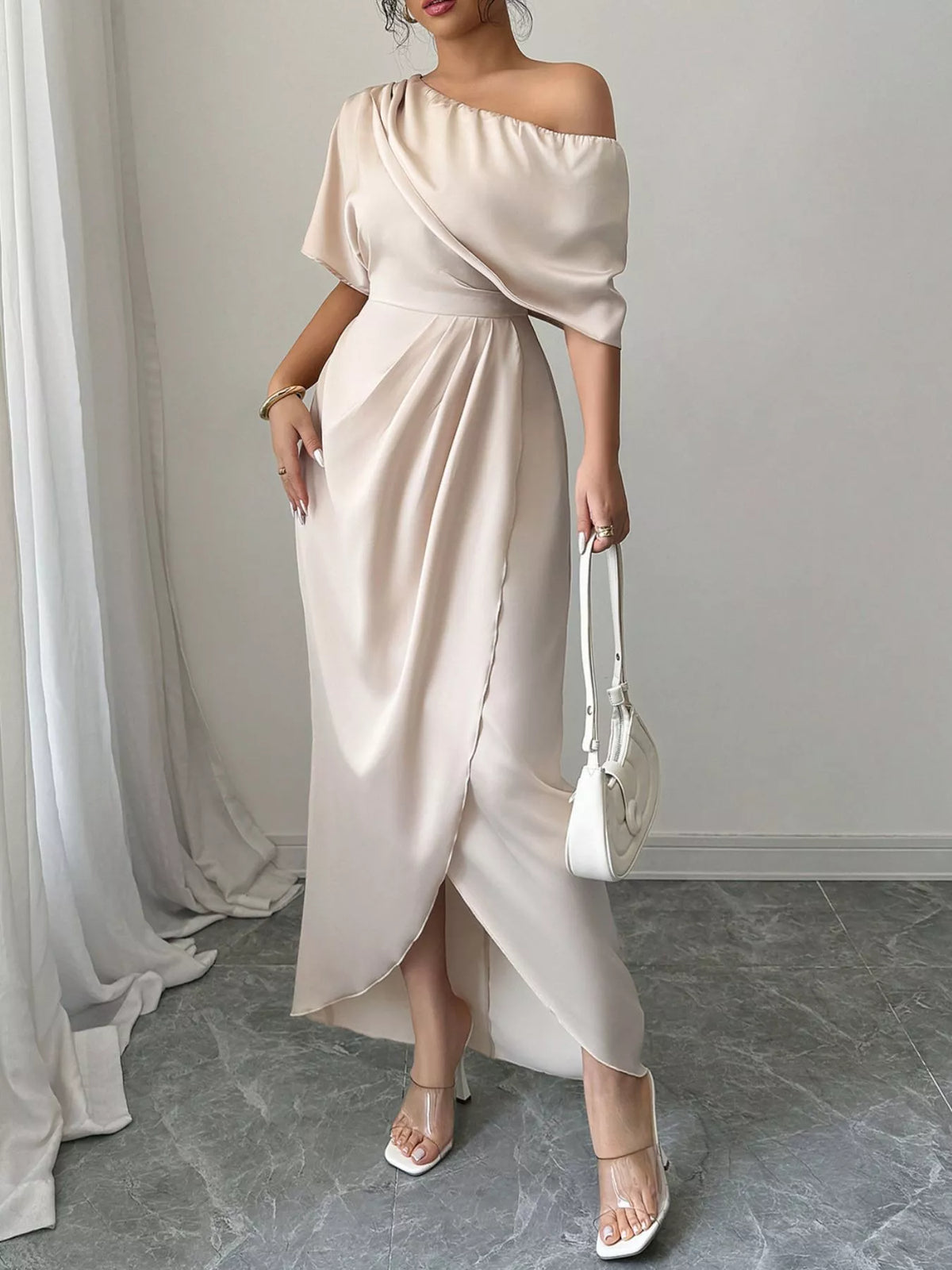 One-Shoulder Satin Maxi Dress - Champagne Color - View 3