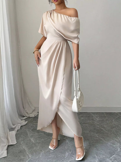 One-Shoulder Satin Maxi Dress - Champagne Color - View 3