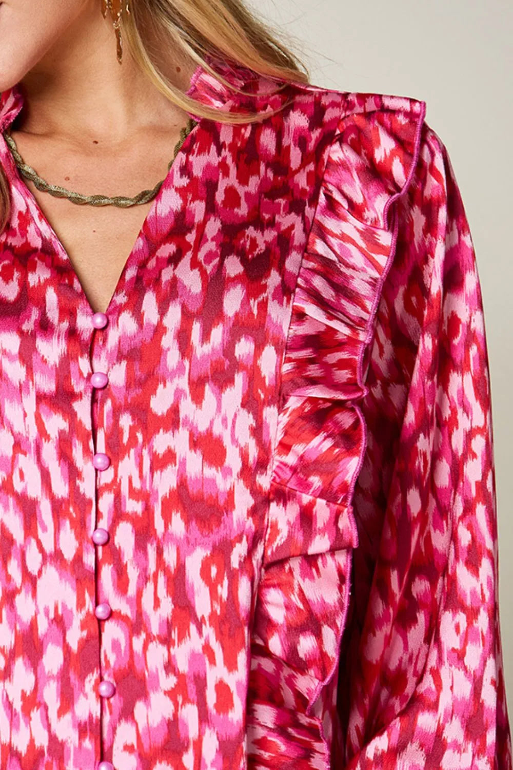 Double Take Full Size Printed Ruffle Trim Balloon Sleeve Shirt Plus Size - Hot Pink - View 5