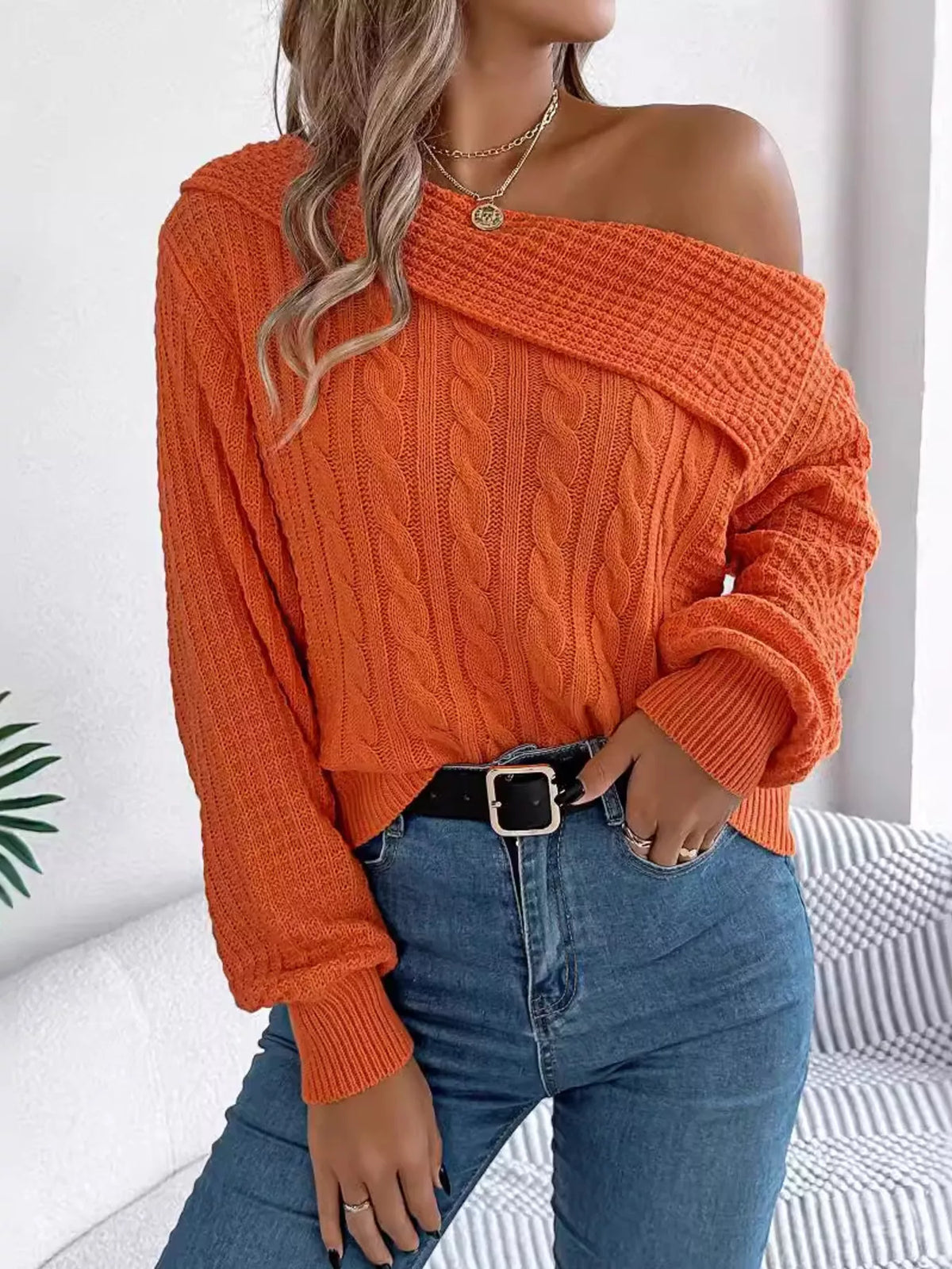 One Shoulder Cable Knit Sweater - Orange - View 4