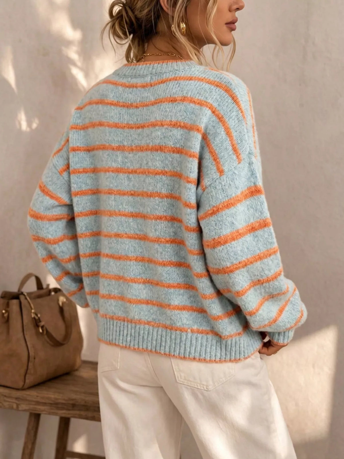 Striped Button-Down Knit Cardigan - Light Blue - View 4