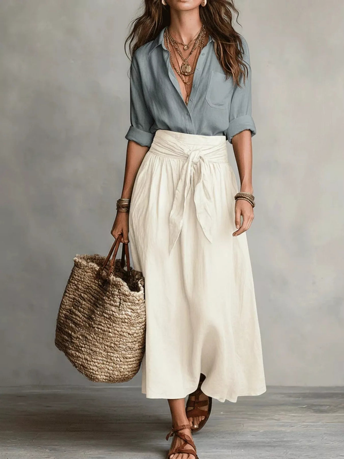 Full Size Button-Down Shirt and Skirt Set Plus Size - Gray - View 1