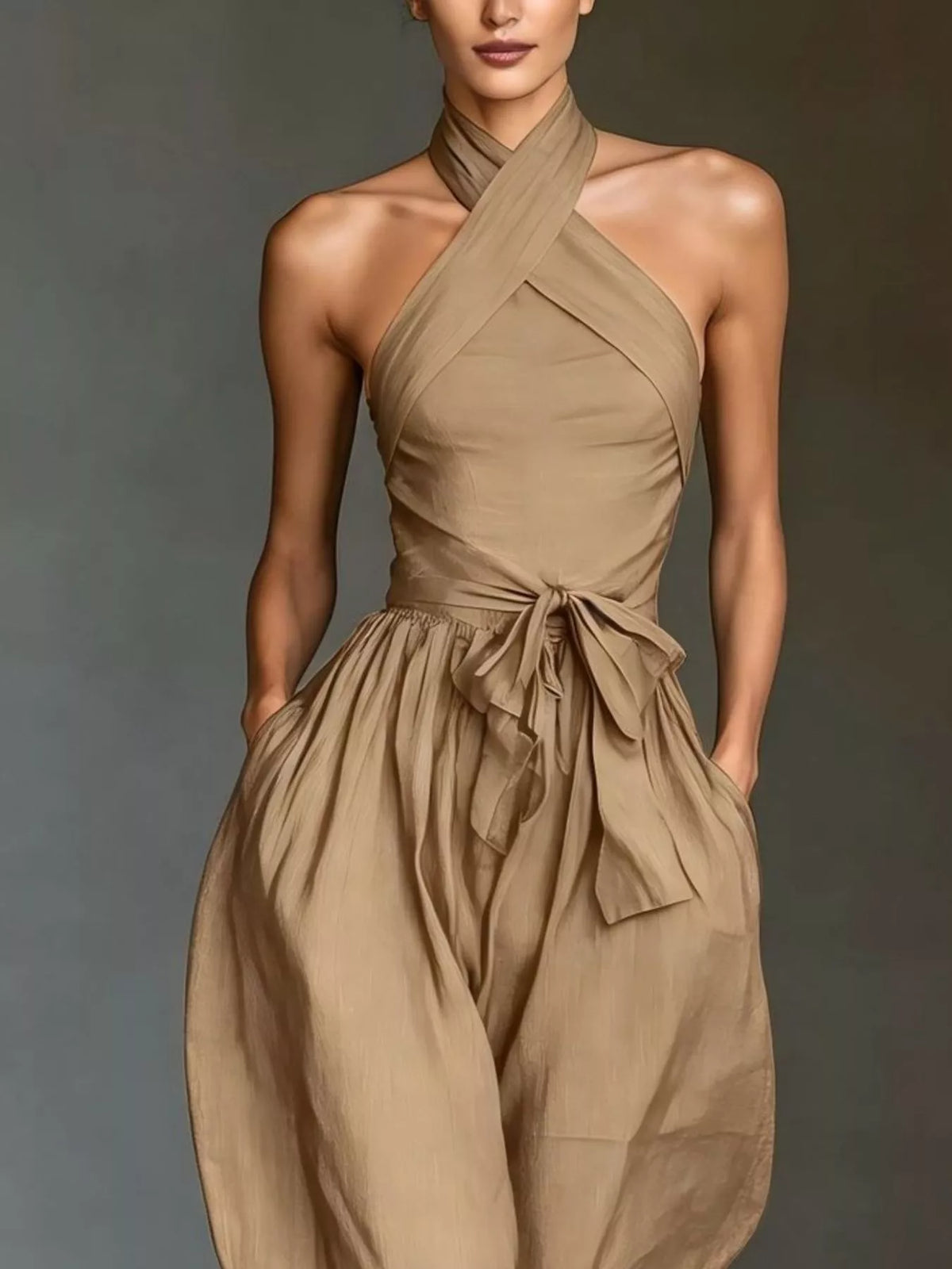 Halter Neck Wide-Leg Jumpsuit with Waist-Tie Detail - Khaki - View 2